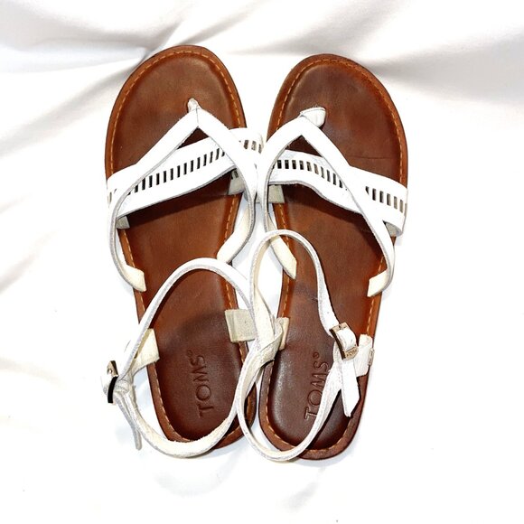 TOMS White Leather Flat Thong Sandals Women's Size 9.5 - Picture 10 of 11
